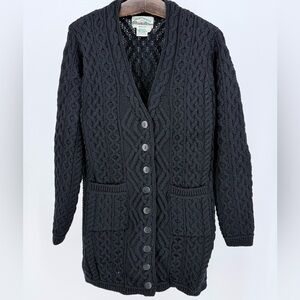 Aran Crafts 100% Merino Wool Cable Knit Long Cardigan Sweater Coat Black Size L
